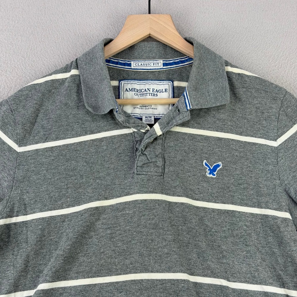 American Eagle Y2K Polo Shirt Mens M Gray Preppy‎ Striped Short Sleeve Cotton